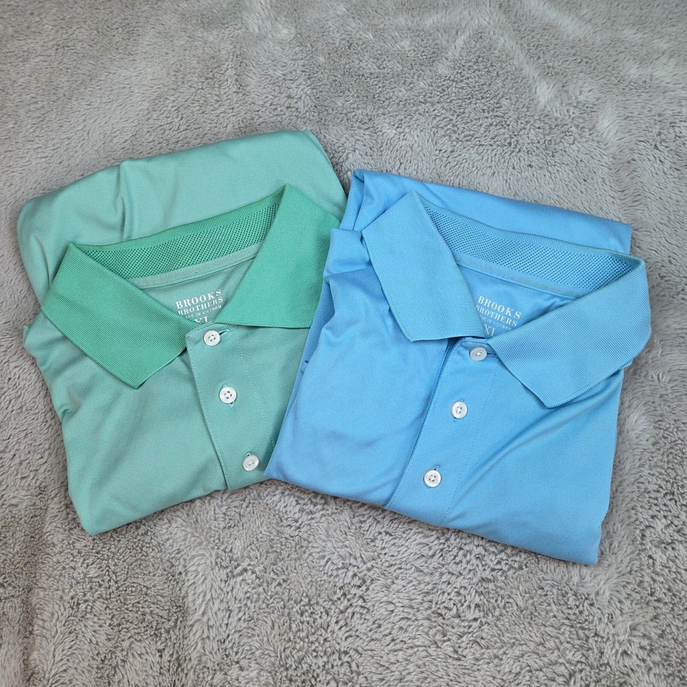 Brooks Brothers Polo Shirt Mens XL Performance Pique 2 Pack Blue Green Short Slv